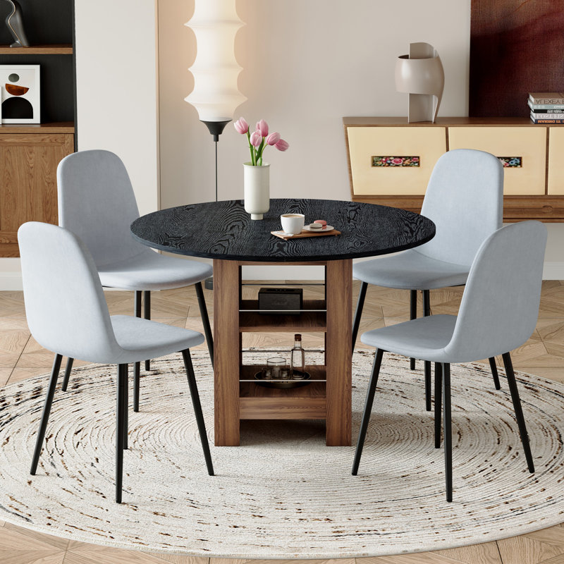 Table de salle à manger 42 "Mid-Century, Noir, 5 pièces: table, 4 chaises, Gris clair
