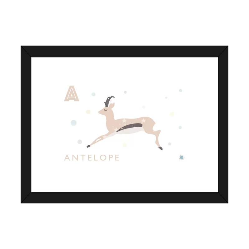 Antilope - impression d'art graphique, H 16 po x l 24 po x P 1 po, Papier encadré noir, Blanc