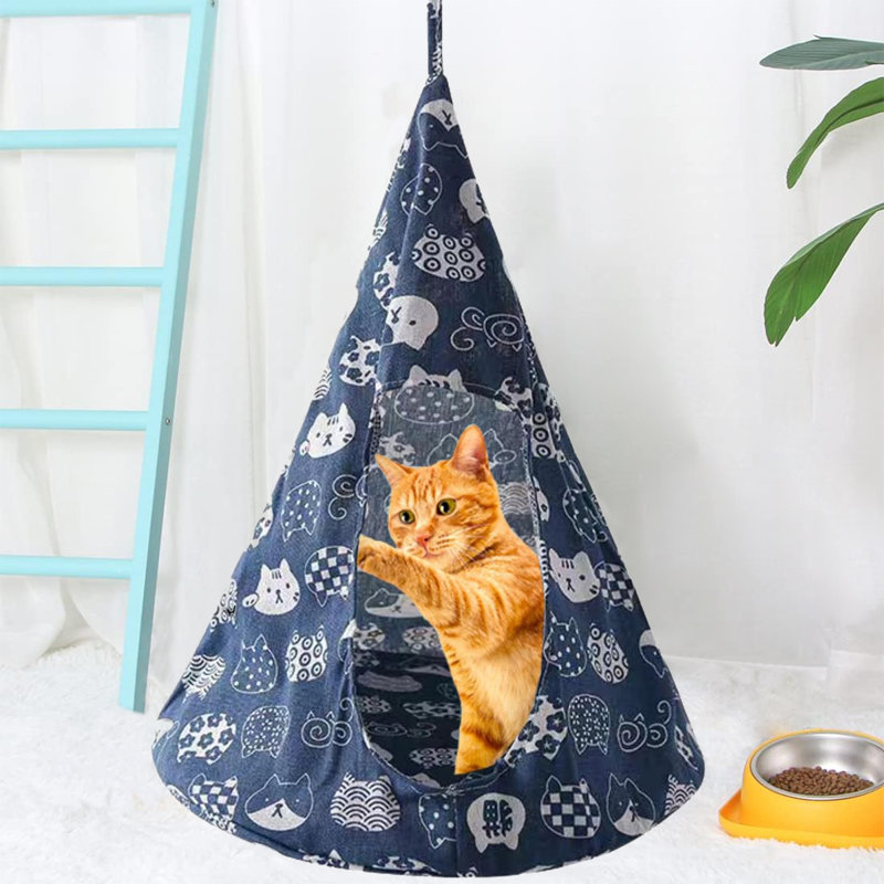 Dark Blue Breathable Cat Hammock Bed, Cat Head Pattern Comfortable Hanging Pet Tent Bed Swing For Cats Small Dogs Rabbits
