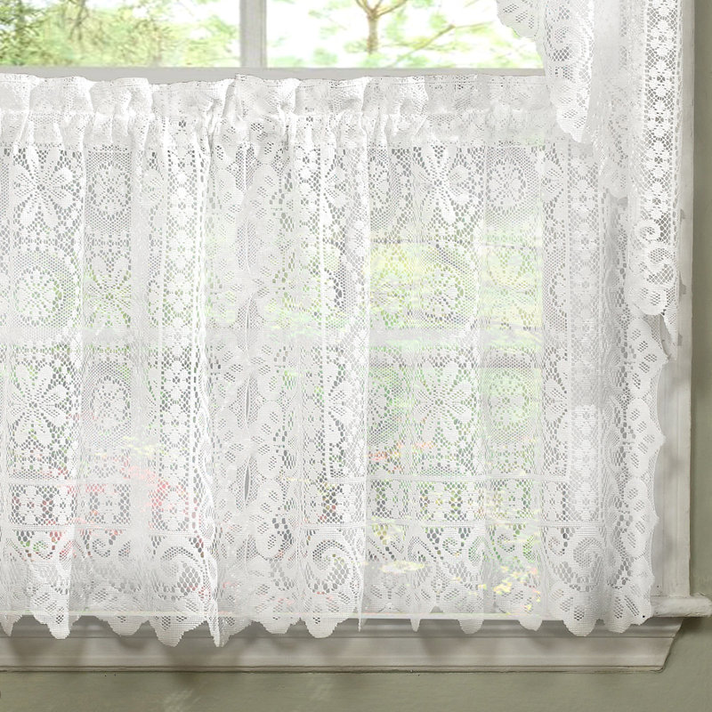 Bansal Damask Scalloped Cafe Curtain, White, 58" W x 36" L