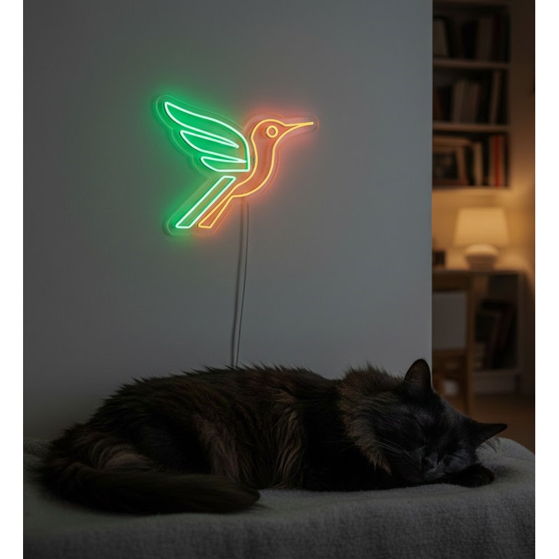  | Enseigne néon à motif colibri | Fabriqué avec des tubes néon durables et écoénergétiques offrant un éclairage uniforme et lumineux pendant plus de 50 000 heures sans décoloration ni scintillement | 24 x 30 | Vert, orange