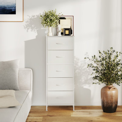 5-Drawer Fabric Dresser, Vertical Storage Chest with Wood Top, Tall Storage Organizer
