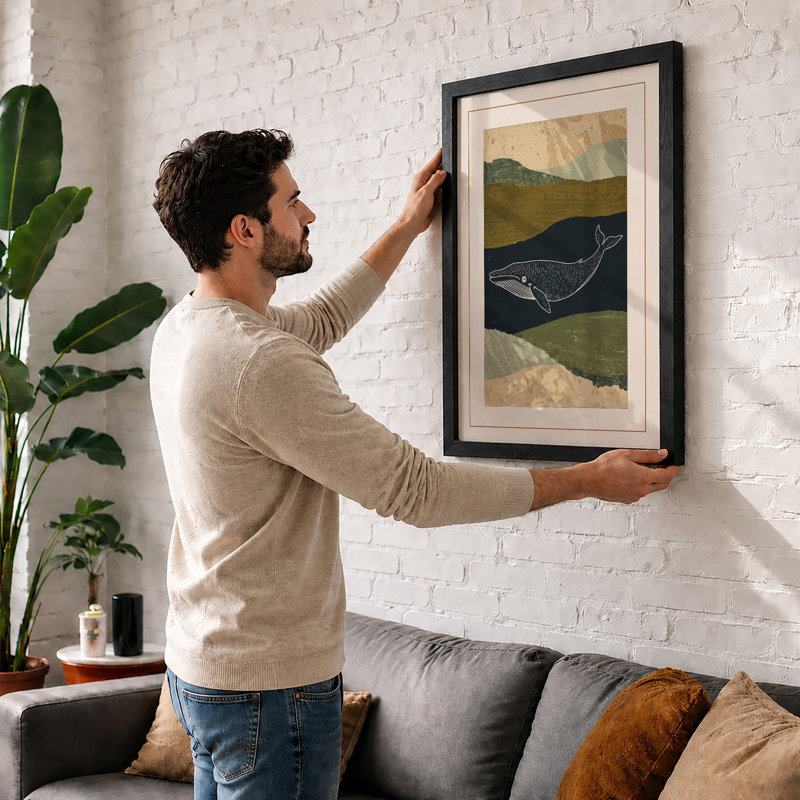 Whale and Mountain Coastal - Framed Print, A4 - 29.7 x 21.0 cm, Oak