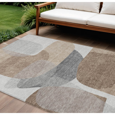 Tapis d'extérieur lavable abstrait brun et gris 10 pi x 14 pi