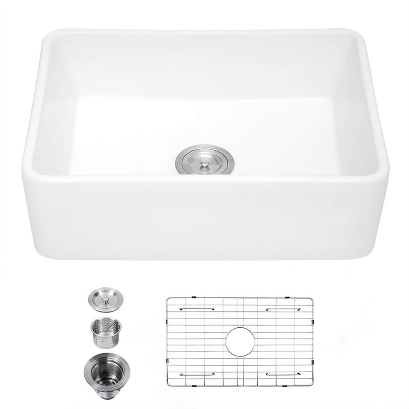 Évier de cuisine à simple cuve en céramique 30 X 20 pouces à tablier frontal avec finition vitrée durable, résistante à la chaleur et aux égratignures.