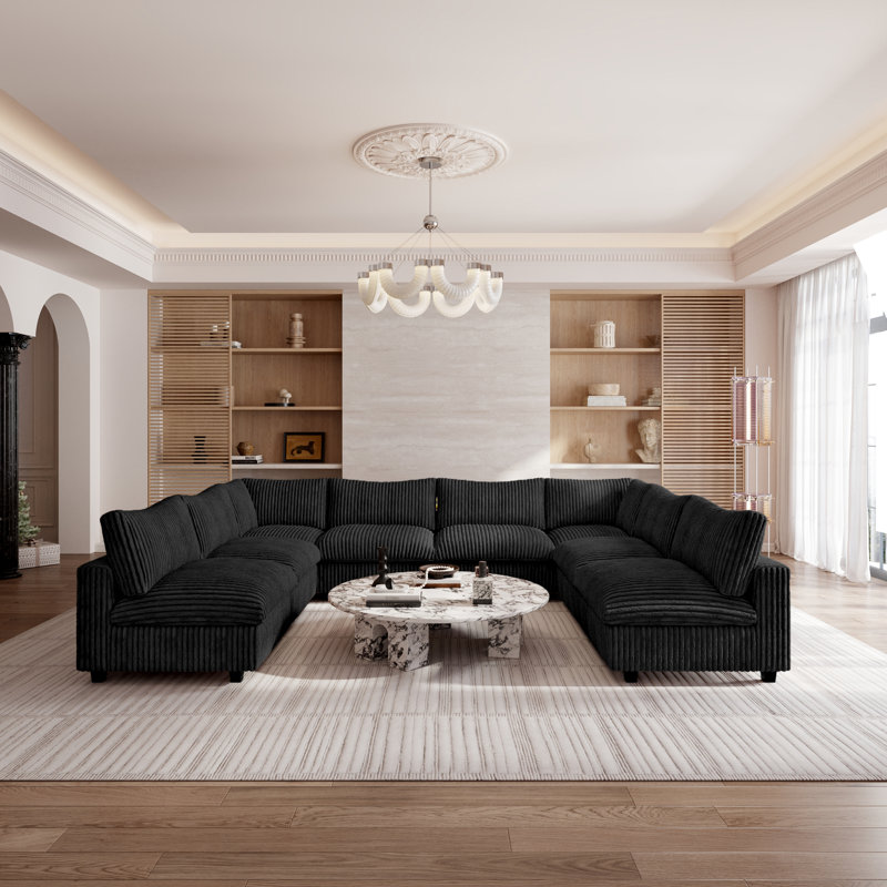 Canapé modulaire réversible en U 8 pièces 8 pièces, Similifourrure noire