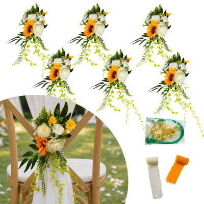 Paquet de 6 décorations de dossier de chaise artificielle jaune, fleurs de cérémonie d'allée de mariage avec rubans et accessoires de fixation