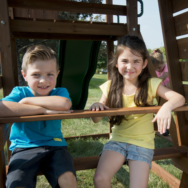 Monteagle Wooden Outdoor Swing Set with Wave Slides and Swings