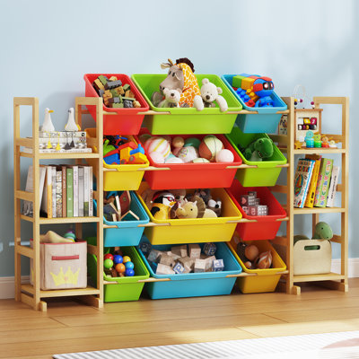 Large Toy Storage Organizer, 12 Removable Bins and 6 Open Shelving Units Combination, Natural Solid Wood Kids Bookshelf for Kids Room, Playroom, Multi by Rebrilliant