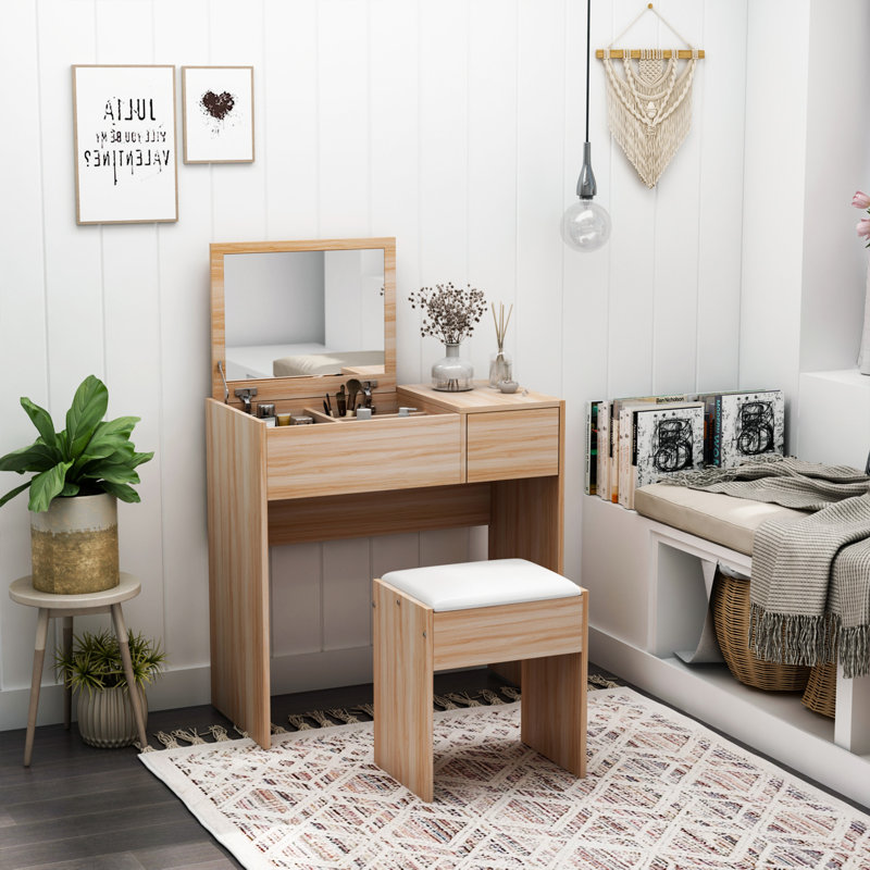 Copeland Dressing Table Set Stool Flip-up Mirror Drawer, Brown