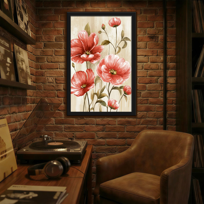 Plantes et fleurs coquelicots rouges sur fond beige, H 36 po x l 24 po