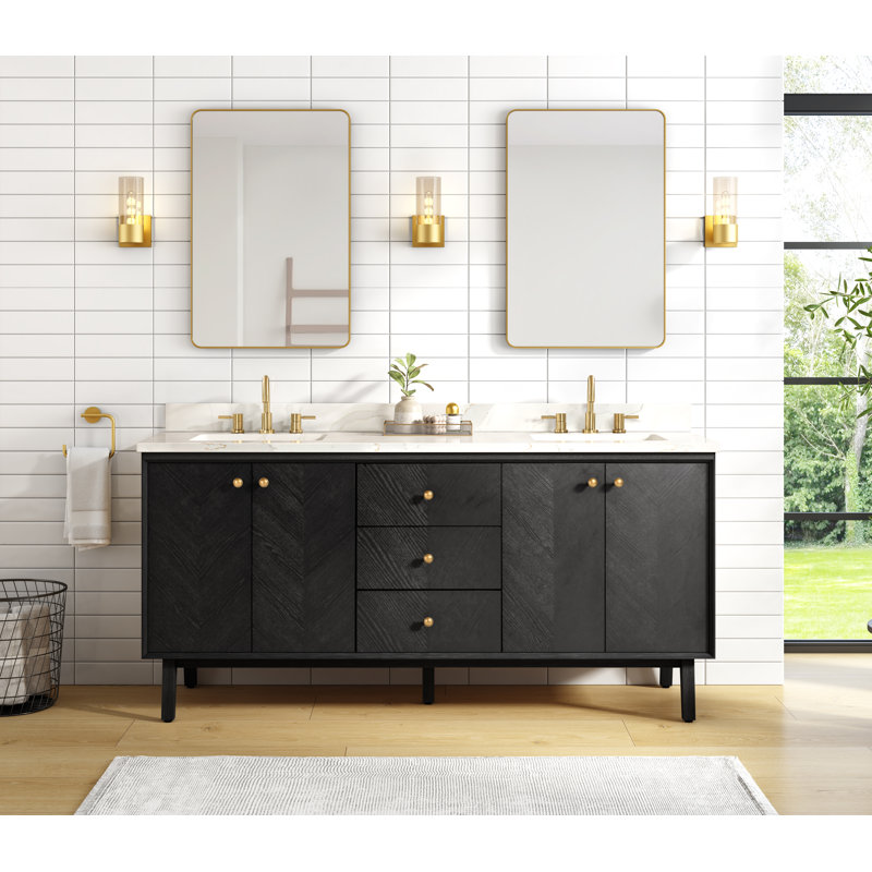 Adele 72" Free Standing Double Bathroom Vanity with Quartz Top, Gold, Black