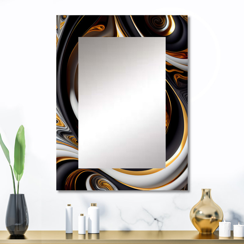 Liquide blanc vitrail VI - miroir mural spirales abstraites, miroir décoratif doré, art imprimé en métal, 32 po x 24 po