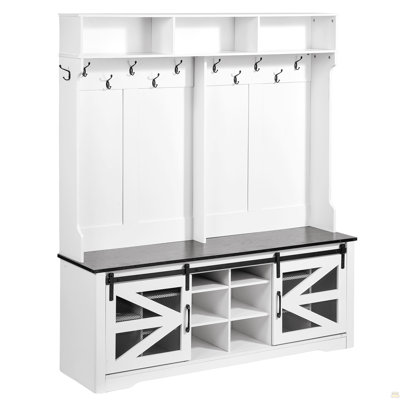 Banc d'entrée pour vestibule, vestibule à DEL avec rangement pour chaussures, banc de vestibule de 59 po de large avec rangement et sièges, tablettes réglables et 12 crochets de suspension, pour vestibule, vestibule, couloir