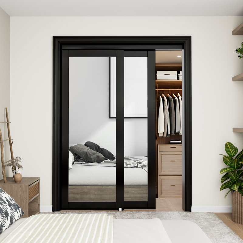Miroir noir avec porte coulissante pleine grandeur noir avec quincaillerie, L 60 po x H 80 po