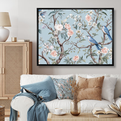 Chinoiserie avec oiseaux et pivoines - Art mural floral pour le salon