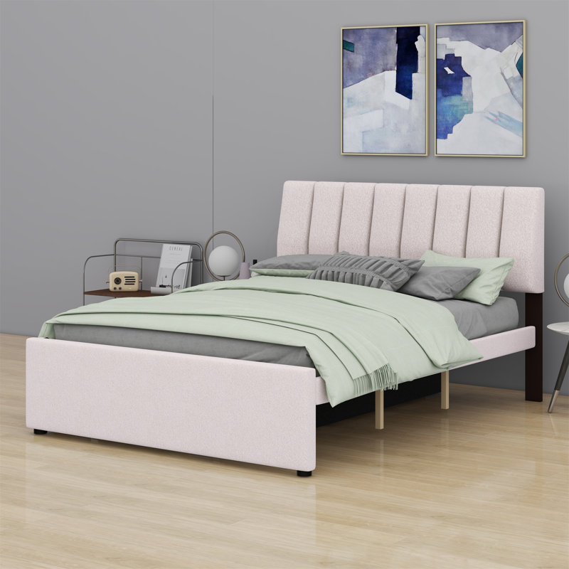 Lit plateforme tapissier avec lit gigogne, Beige