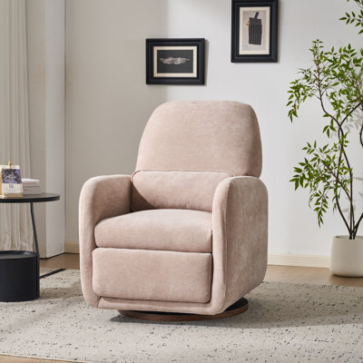 Brimley Mid-Century Modern Power Swivel Recliner Accent Chair with 180° Limited Rotation, Round Wooden Base & Removable Lumbar Pillow for Living Room, Bedroom & Reading Nook
