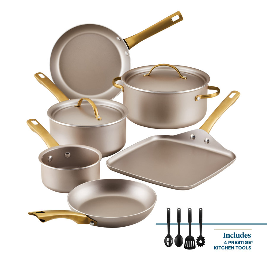 Farberware Radiant Nonstick Cookware Pots And Pans Set With Prestige Cooking Tools, 12 Piece, Champagne