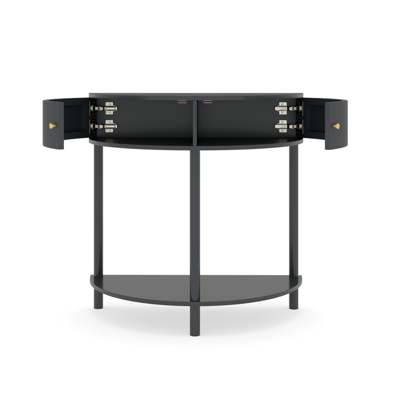 Console de demi-lune artisanale à motif ondulé et fini gris foncé, table d'appoint au design unique en forme de demi-lune avec 2 tiroirs de rangement et une étagère inférieure, idéale pour le salon, la chambre à coucher, le bureau ou le couloir.