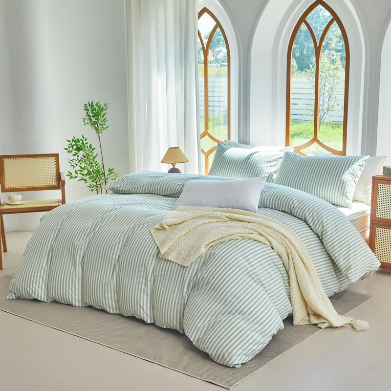 Ensemble de housse de couette à rayures 100% coton délavé, Housse de couette pour grand lit + 2 taies décora