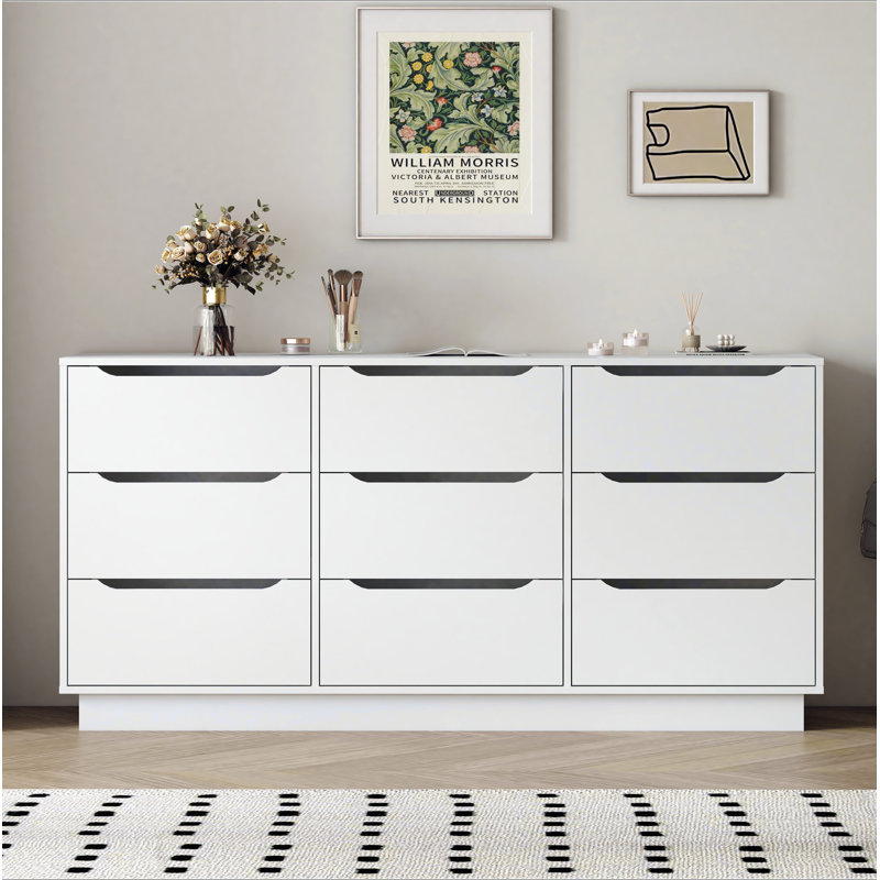 Commode 9 tiroirs pour la chambre à coucher avec tiroirs profonds, commodes en bois à plancher large et commode, commodes longues blanches modernes pour le placard du salon