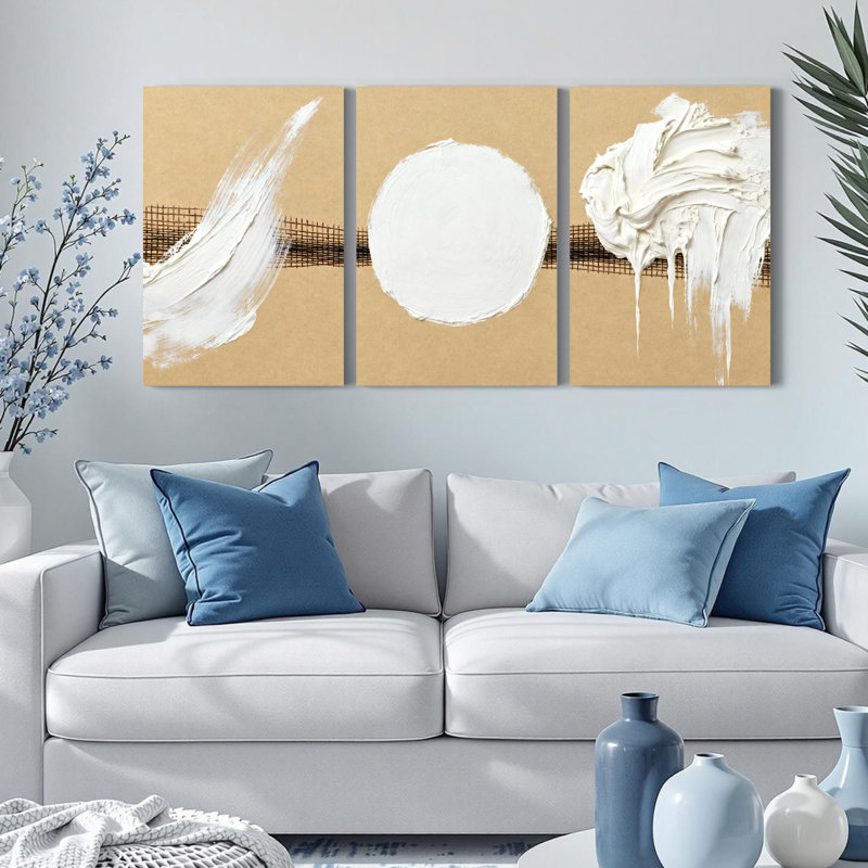 Ensemble de 3 toiles murales abstraites blanches à motifs de coups de pinceau et de cercles, H 18 po x l 36 po
