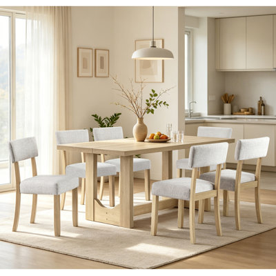 Ensemble de table de salle à manger 7 pièces pour 6, table rectangulaire de 57 pouces avec 6 chaises ergonomiques rembourrées en lin, base en forme de U robuste, meubles de ferme japonais de style japonais pour la salle à manger et appartement