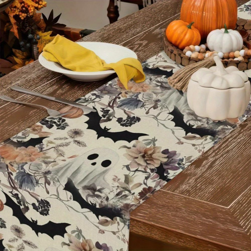 Chemin de table fantôme citrouille chauve-souris pour l'Halloween, joli motif floral saisonnier en lin pour la table de cuisine ou de salle à manger, idéal pour les fêtes à la maison (72 cm).