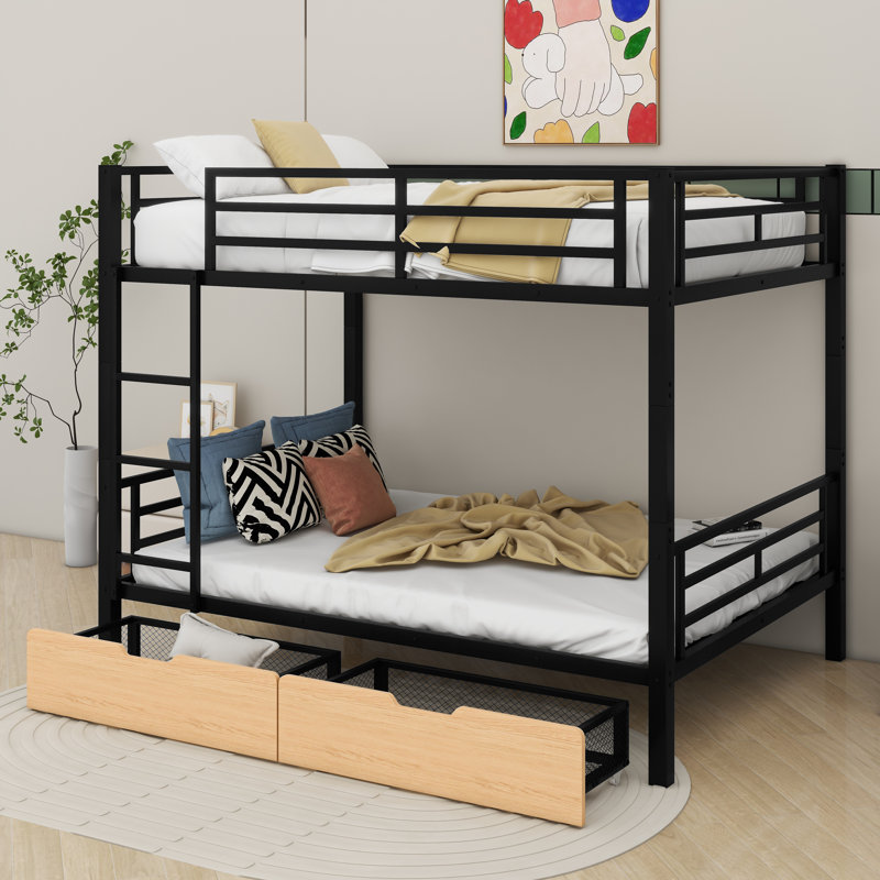 Full-Sized Metal Convertible Bunk Bed With Two Built-In Drawers