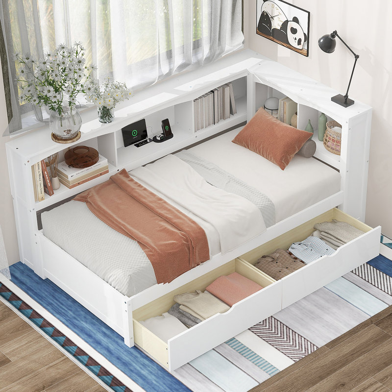 Lit de jour simple avec deux tiroirs de rangement, armoires de rangement et ports USB, blanc, Blanc