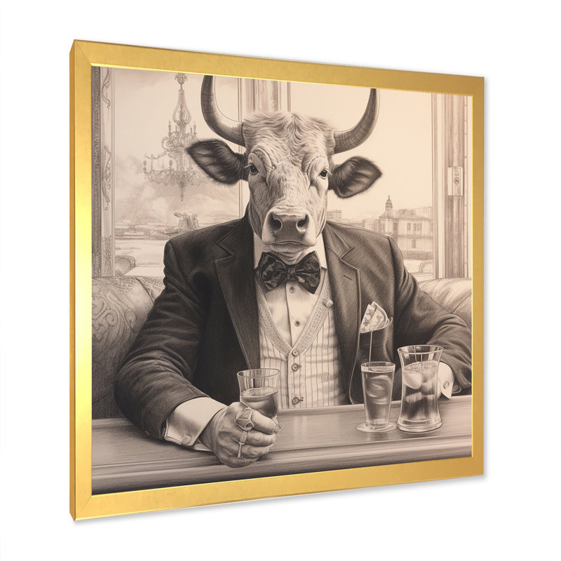 Vache ayant une boisson III - impression, H 30 po x l 30 po x P 1 po, Cadre doré à une seule photo