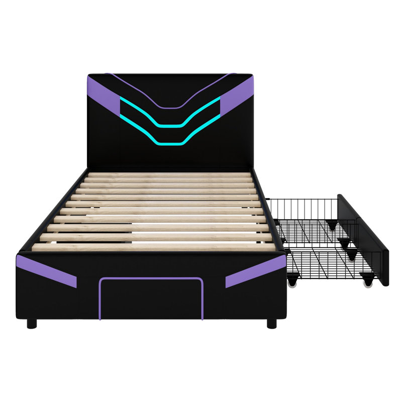 Cadre de lit avec lumières DEL et tiroirs pour les chambres modernes, Mauve