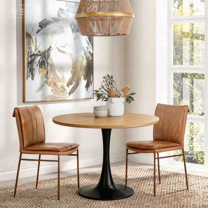 Modern Dining Table,Mdf Top And Steel Base Round Kitchen Table, 29.2" H x 31.6" L x 31.6" W, Natural, Black