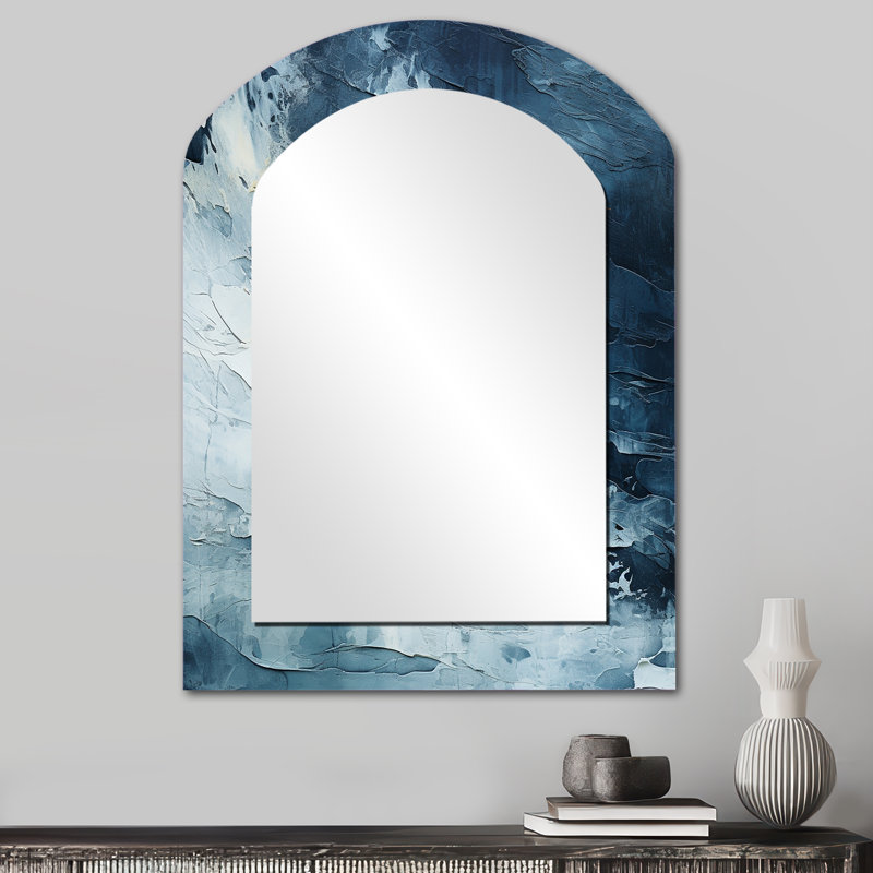 Blanc et bleu, élément abstrait Fight II - formes abstraites, miroir décoratif asymétrique, miroir mural arqué moderne, impression sur métal