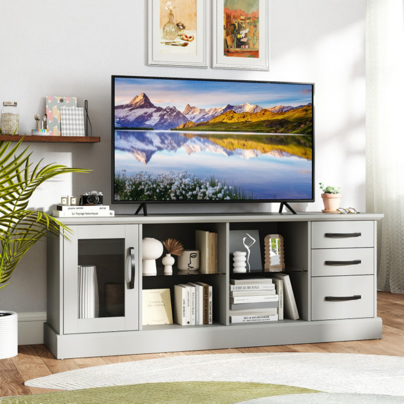 Console 63 pouces avec 3 tiroirs et 2 tablettes en verre, Gris