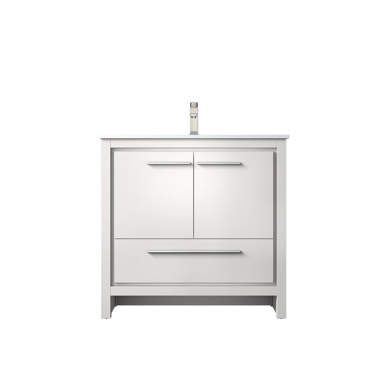 Meuble-lavabo blanc avec comptoir en marbre de culture et robinet en nickel brossé - grand rangement 36 po Robinet, tiroir à fermeture en douceur, volume
