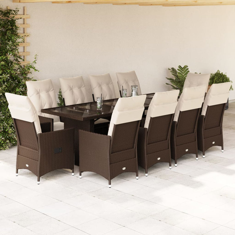  Ensemble bistro 11 pièces avec coussins en rotin brun pour terrasse