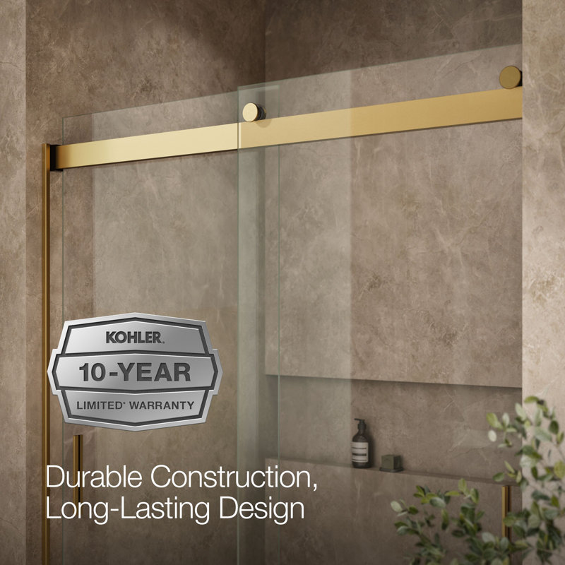Levity 59.62" x 62" Bypass Bath Door with CleanCoat® Technology, Moderne Brass, Clear