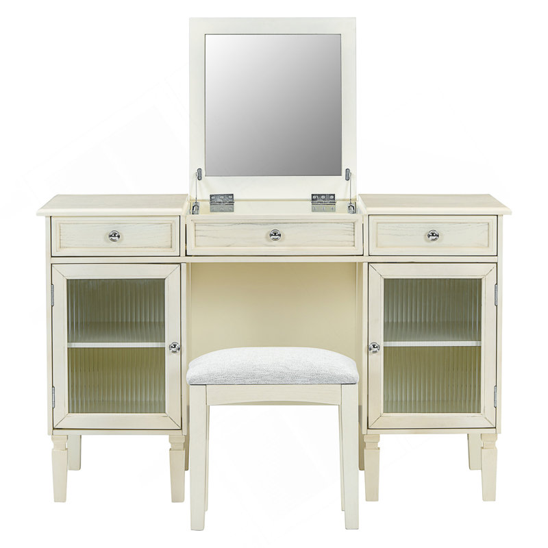 Bureau de coiffeuse 2 en 1 avec miroir rabattable, coiffeuse avec tiroir et armoire, bureau d'ordinateur multifonctionnel pour bureau, vestiaire, chambre à coucher, salon