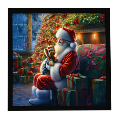 Yorkshire Terrier Yorkie and Santa Claus Framed Metal Print