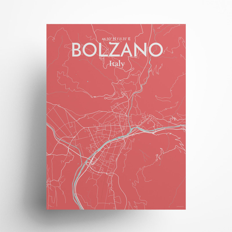 Bolzano City Map In Maritime - No Frame Print, 24cm H x 18cm W x 0.05cm D