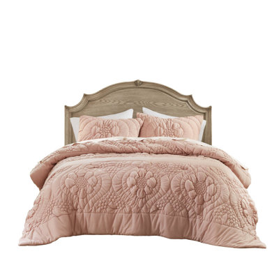 Romantic 3-piece King Bedding Set, Pink Polyester Comforter With Floral Design For All Seasons