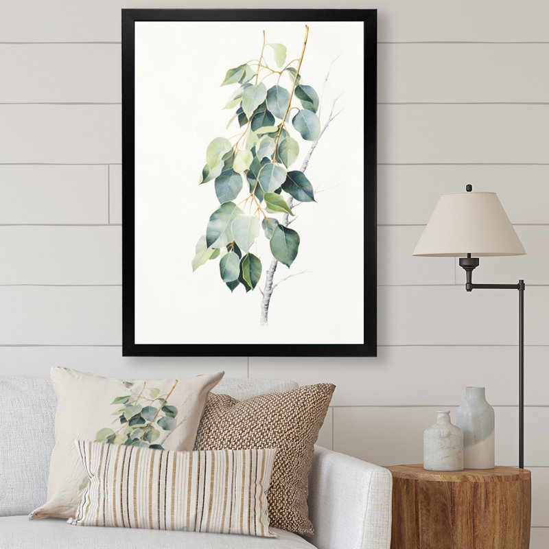 Vert, blanc, minimalisme, eucalyptus Essence II - impression, Cadre photo noir, H 32 po x l 24 po x P 1 po