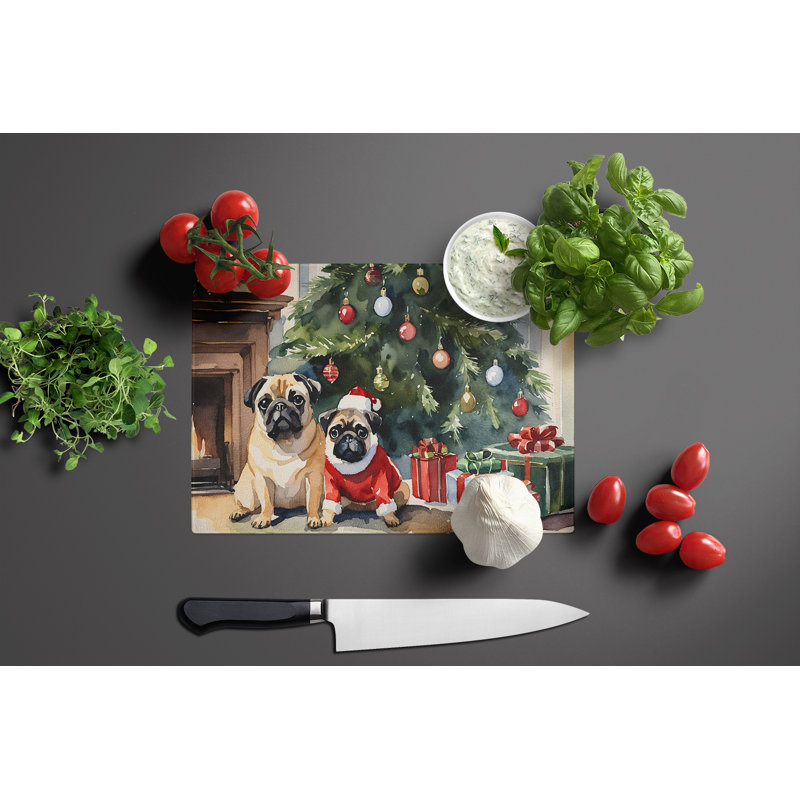 Pug Cozy Christmas Glass Cutting Board Large