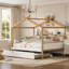 Wooden House Bed with Trundle and Bookshelf Storage for Kids Rooms