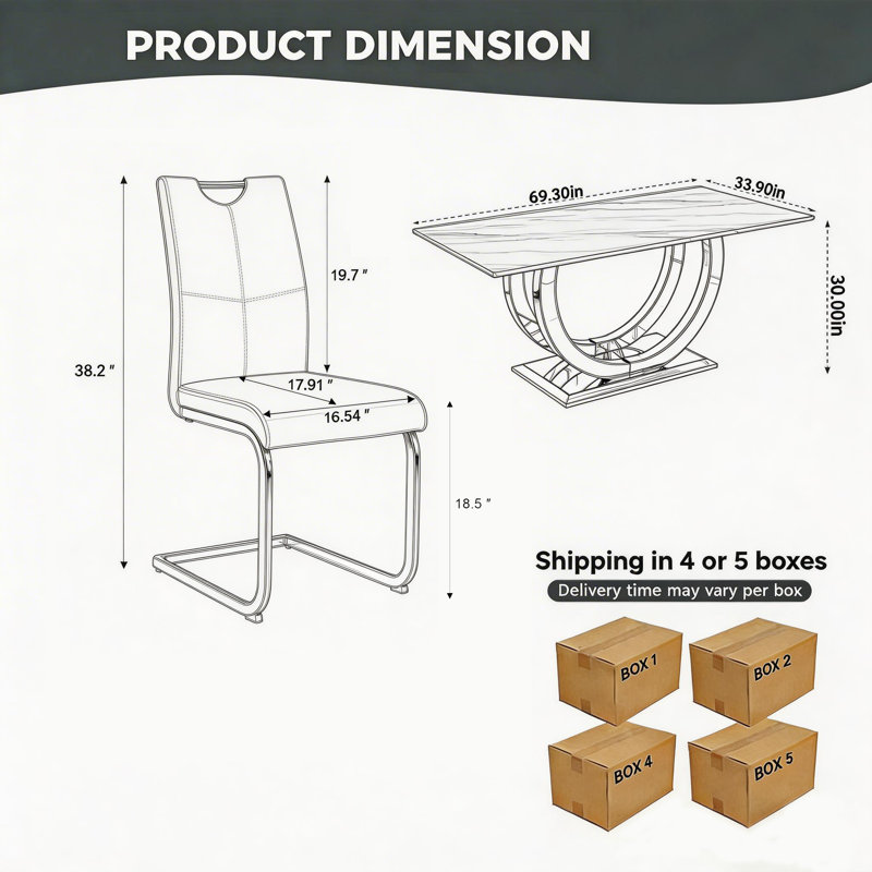 69" Modern Rectangle Faux Marble Dining Table Set For 4, Rectangle Kitchen Table With 4 PU Leather Chairs, White