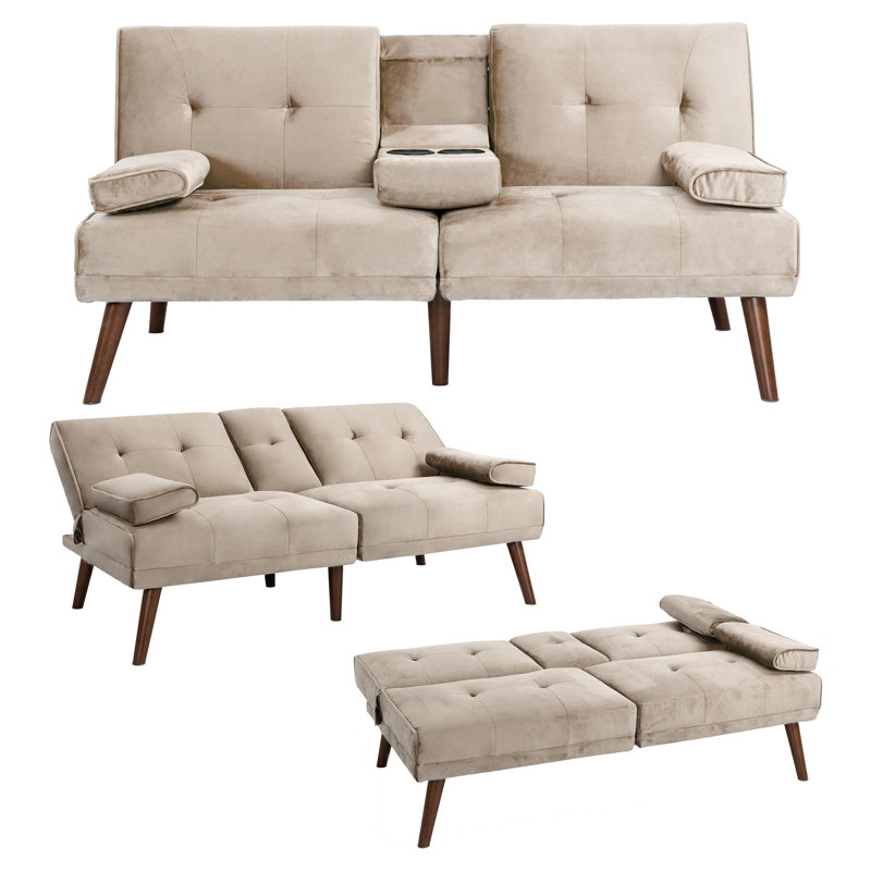 Canapé-lit double rembourré capitonné 59,4 po Lepanto, Velours beige