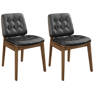 Mid-Century Modern Side Chair 2 - Black Leather, Walnut Tone, 2Pcs Chairs Fabric Cushion, Modern, Foam Seat