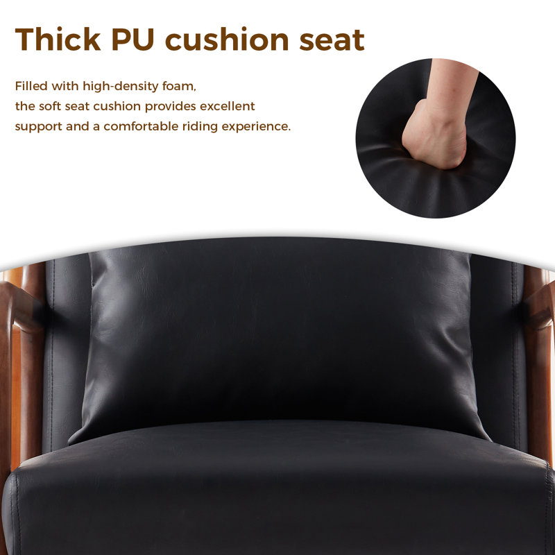  23.4" W Mid-Century Modern Upholstered Faux Leather Accent Armchair with Pillow, Solid Wood Frame, Matte Black